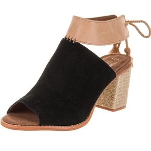 Toms Suede Seville Black Sandals Tassels Ankle Tie Natural Rope Block Heel Shoes